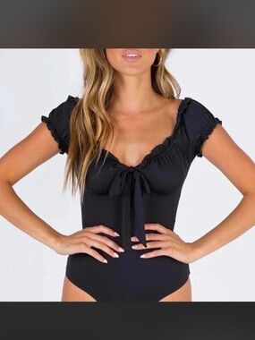 Princess Polly Black Tie-Front Short Sleeve Bodysuit